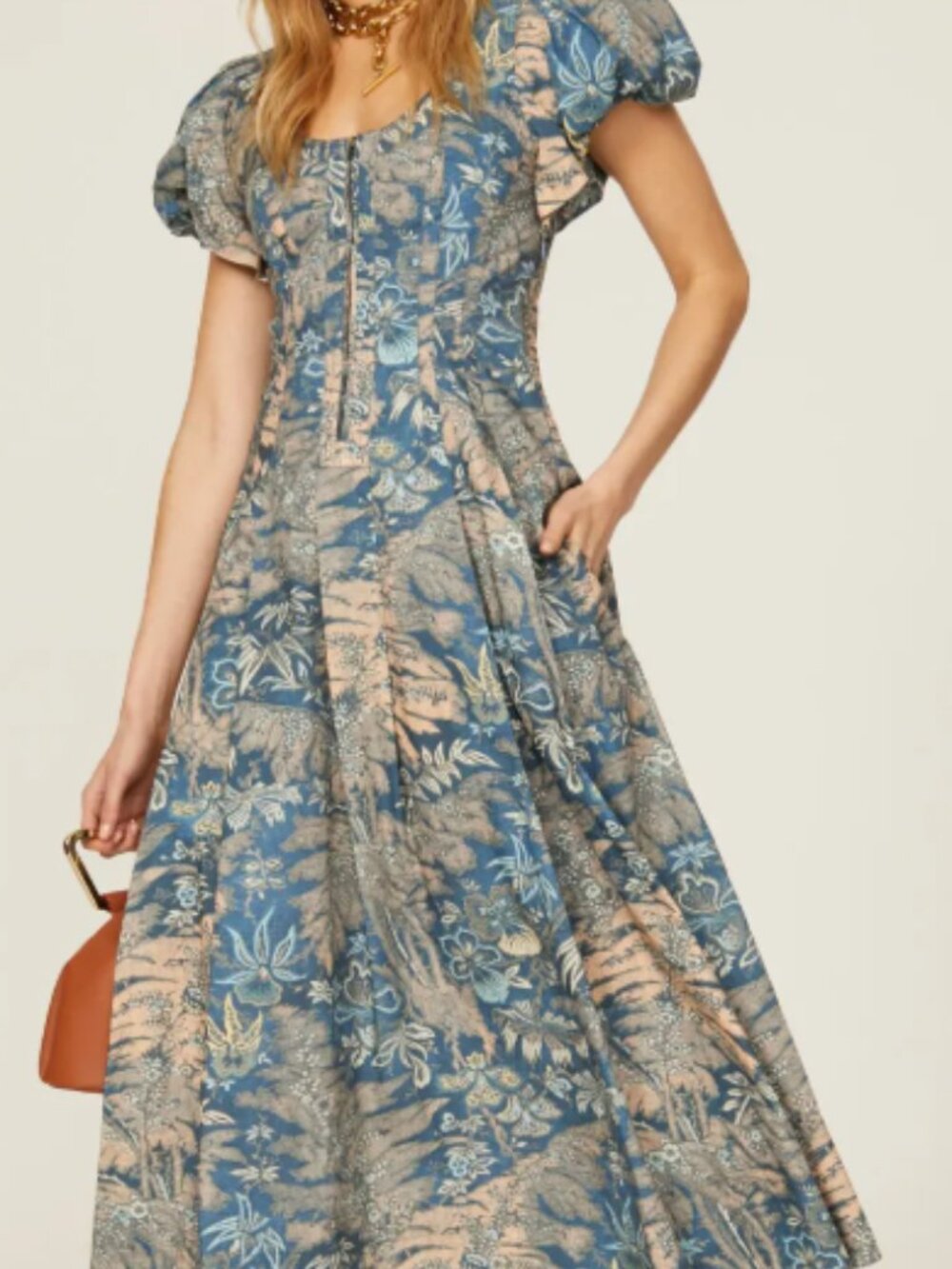 Ulla Johnson Malie Maxi Blue/Tan Short Sleeve Dress-Size 2
